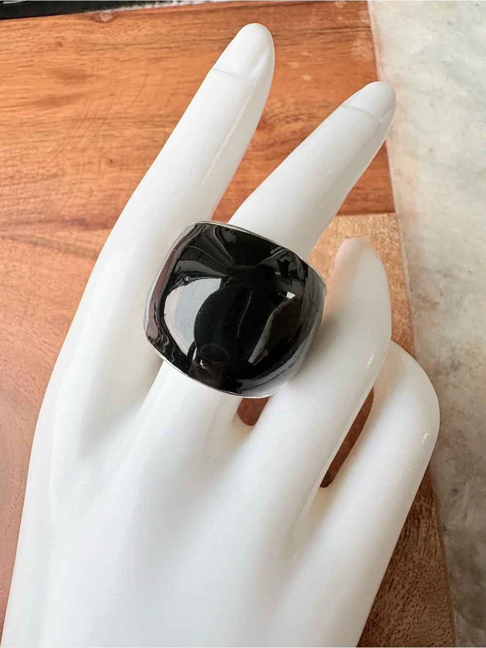 Vintage Black Cocktail Ring with Clear Stone Accents - Size 6 w/ Adjustable Band